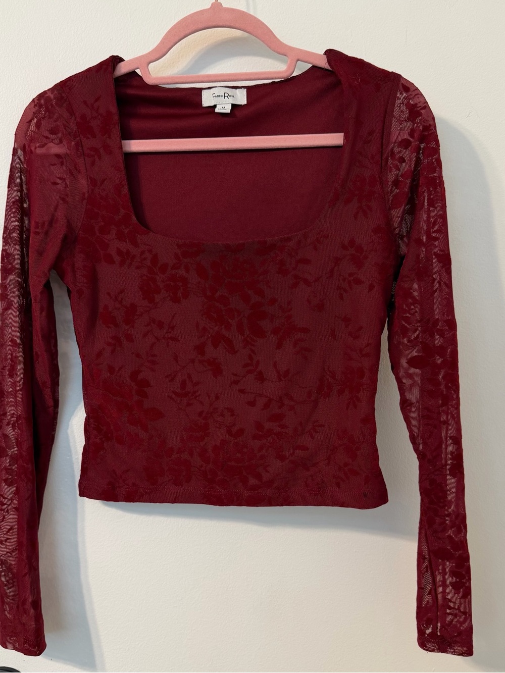 Faded Rose Maroon Red Floral Mesh Long-Sleeve Square-Neck Top Size Medium